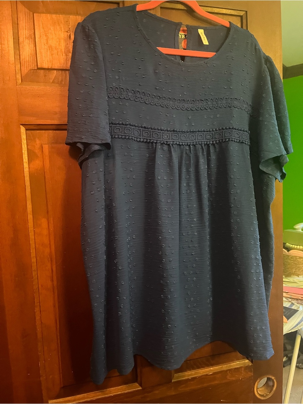 Textured Royal Blue Short-Sleeve Swiss Dot Tunic with Lace Trim